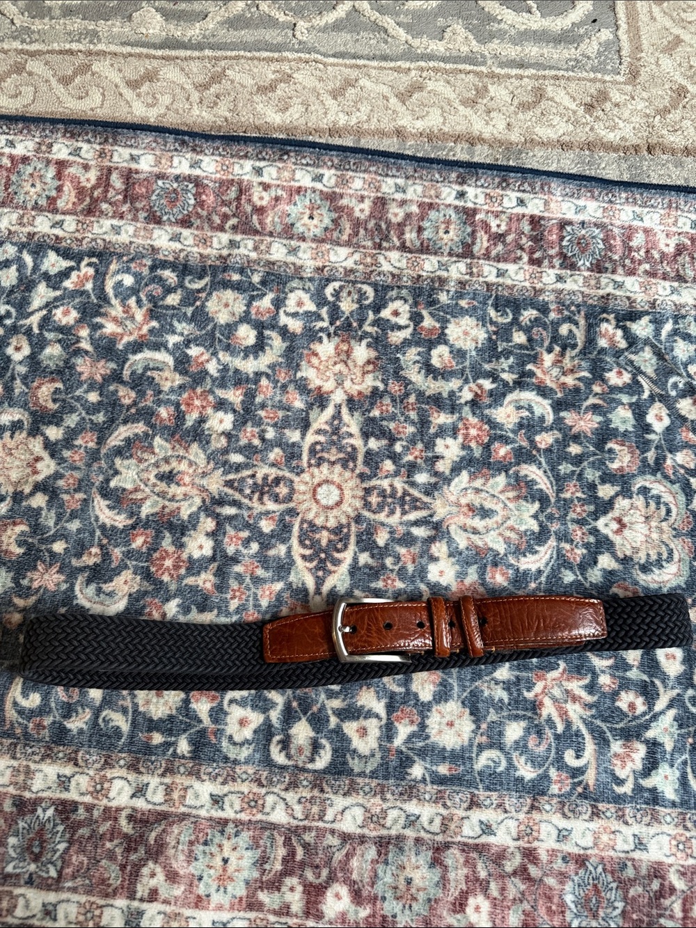 Men's Black Woven Belt with Brown Leather Trim and Silver Buckle